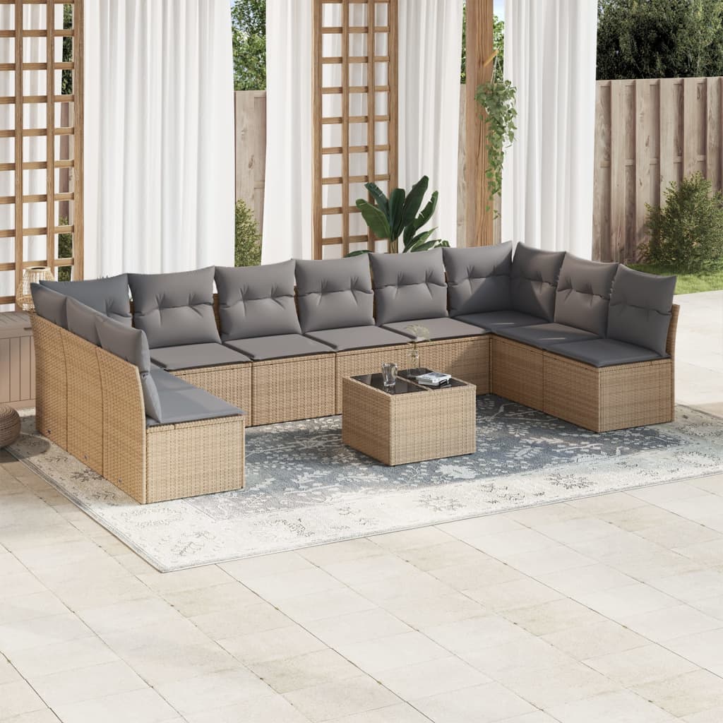 10-tlg. Garten-Sofagarnitur mit Kissen Schwarz Poly Rattan