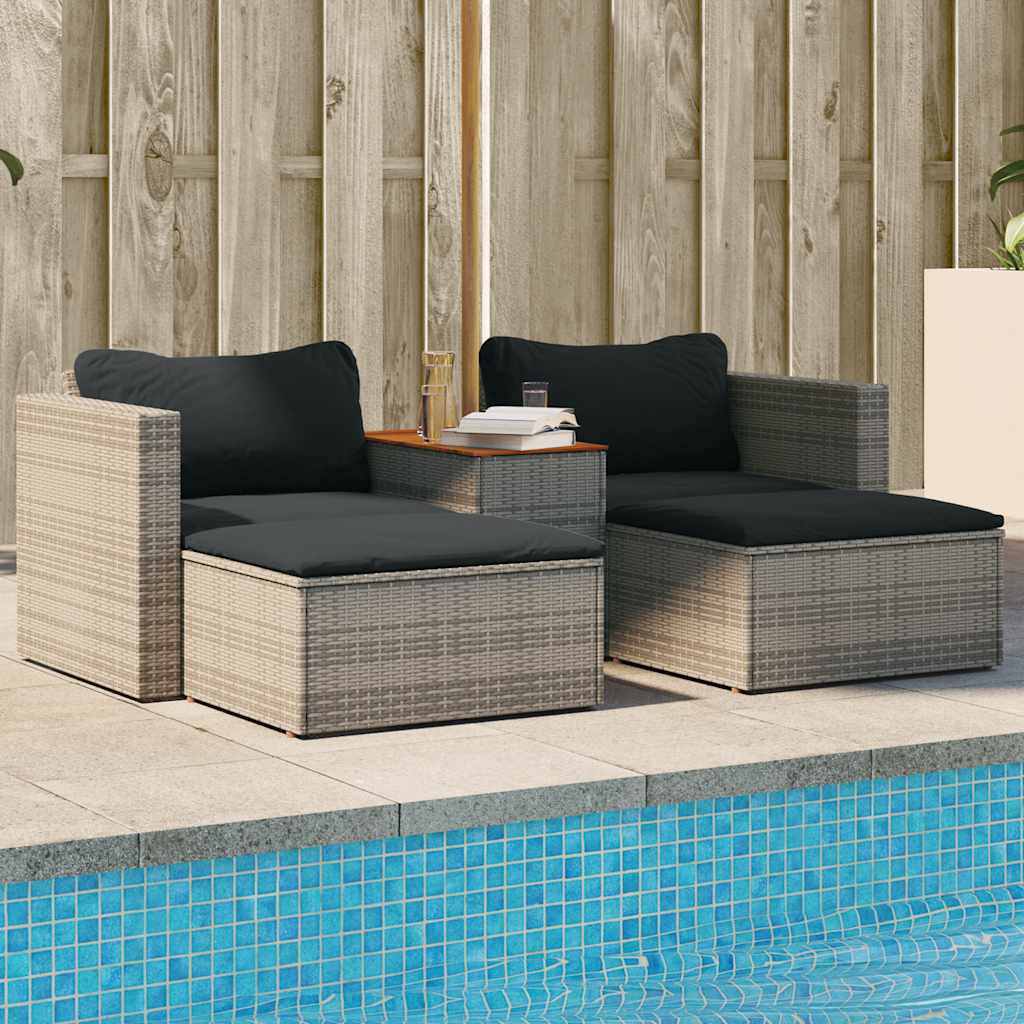 5tlg. Garten-Sofagarnitur mit Kissen Schwarz Poly Rattan Akazie