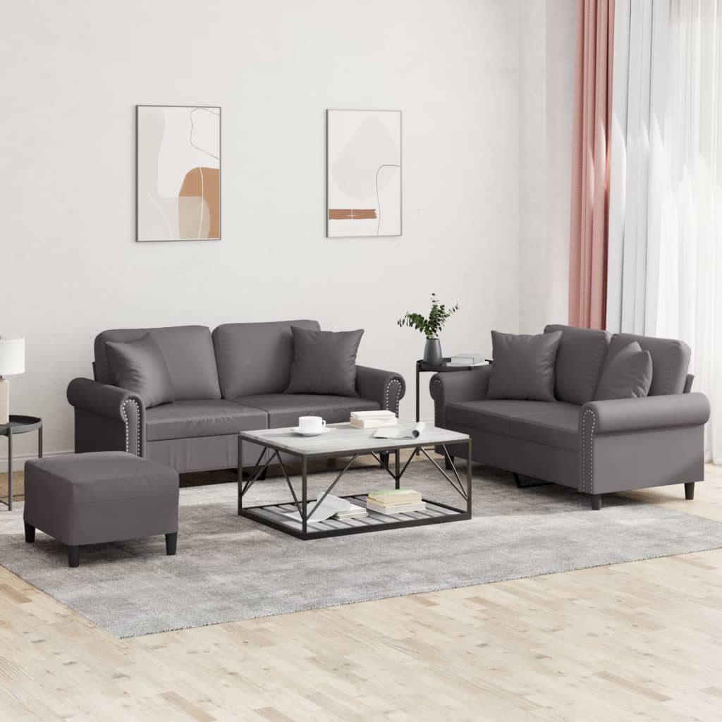 3-tlg. Sofagarnitur mit Kissen Creme Kunstleder