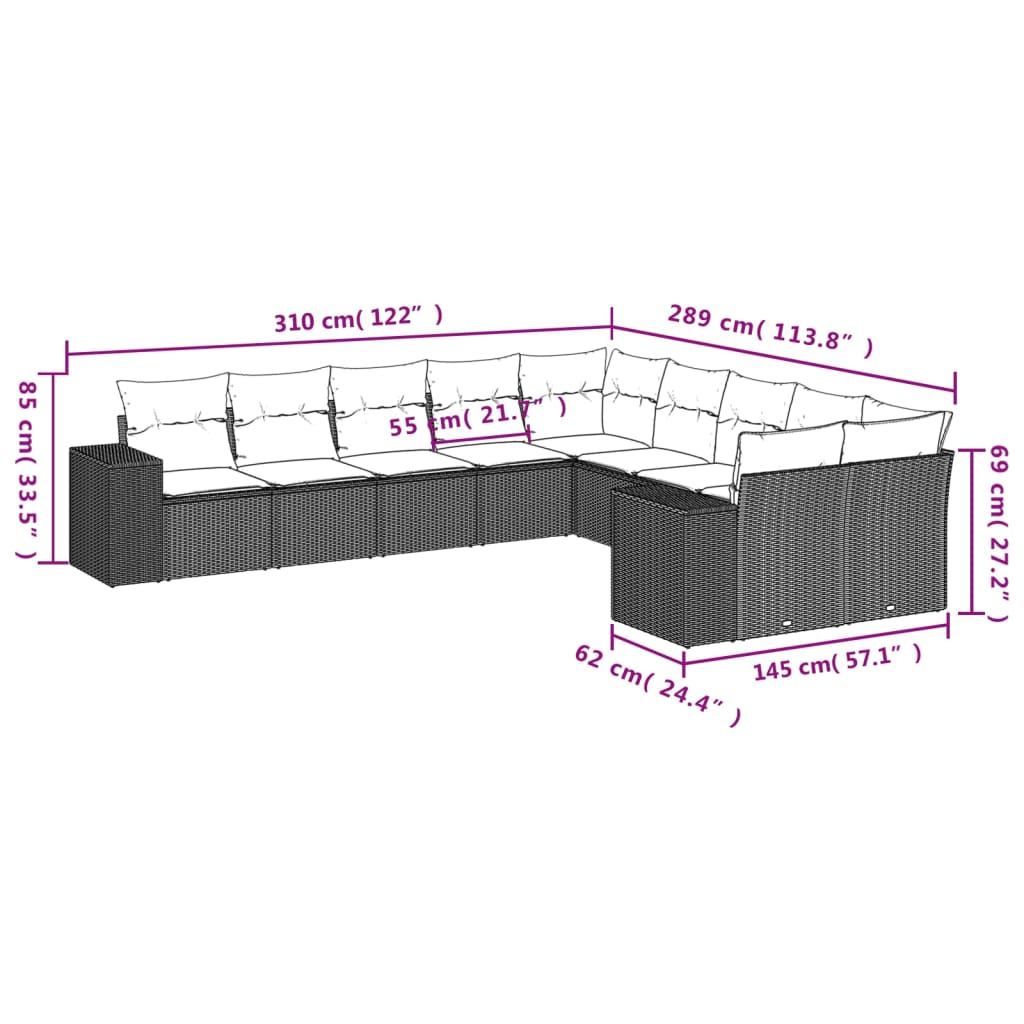 10-teiliges Gartensofa-Set mit Kissen, schwarzes Polyrattan