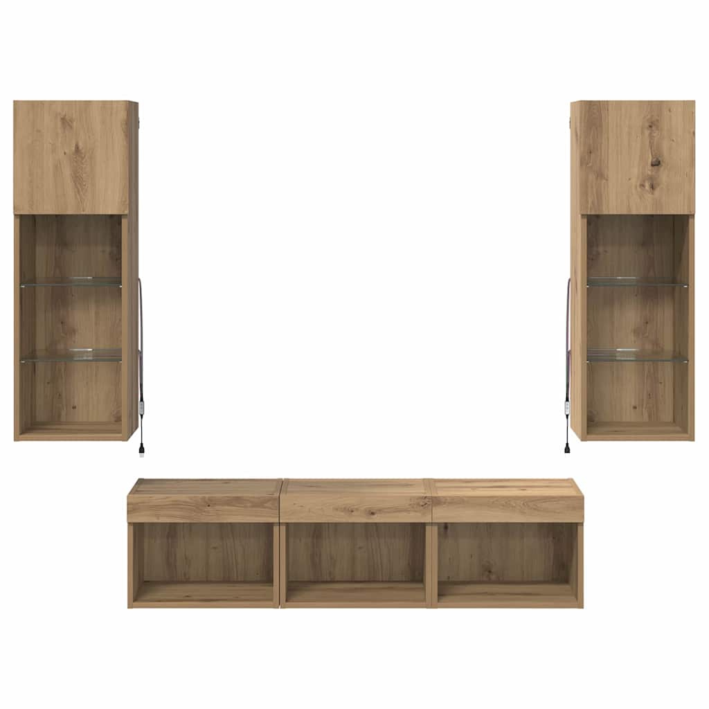 5-tlg. Wohnwand mit LED-Beleuchtung Weiß Holzwerkstoff