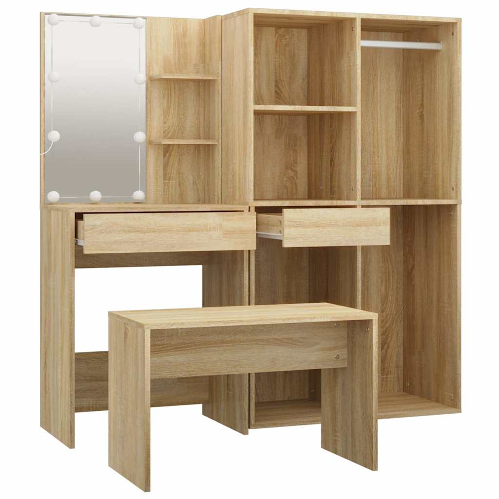 Schminktisch-Set mit LED Weiß Holzwerkstoff