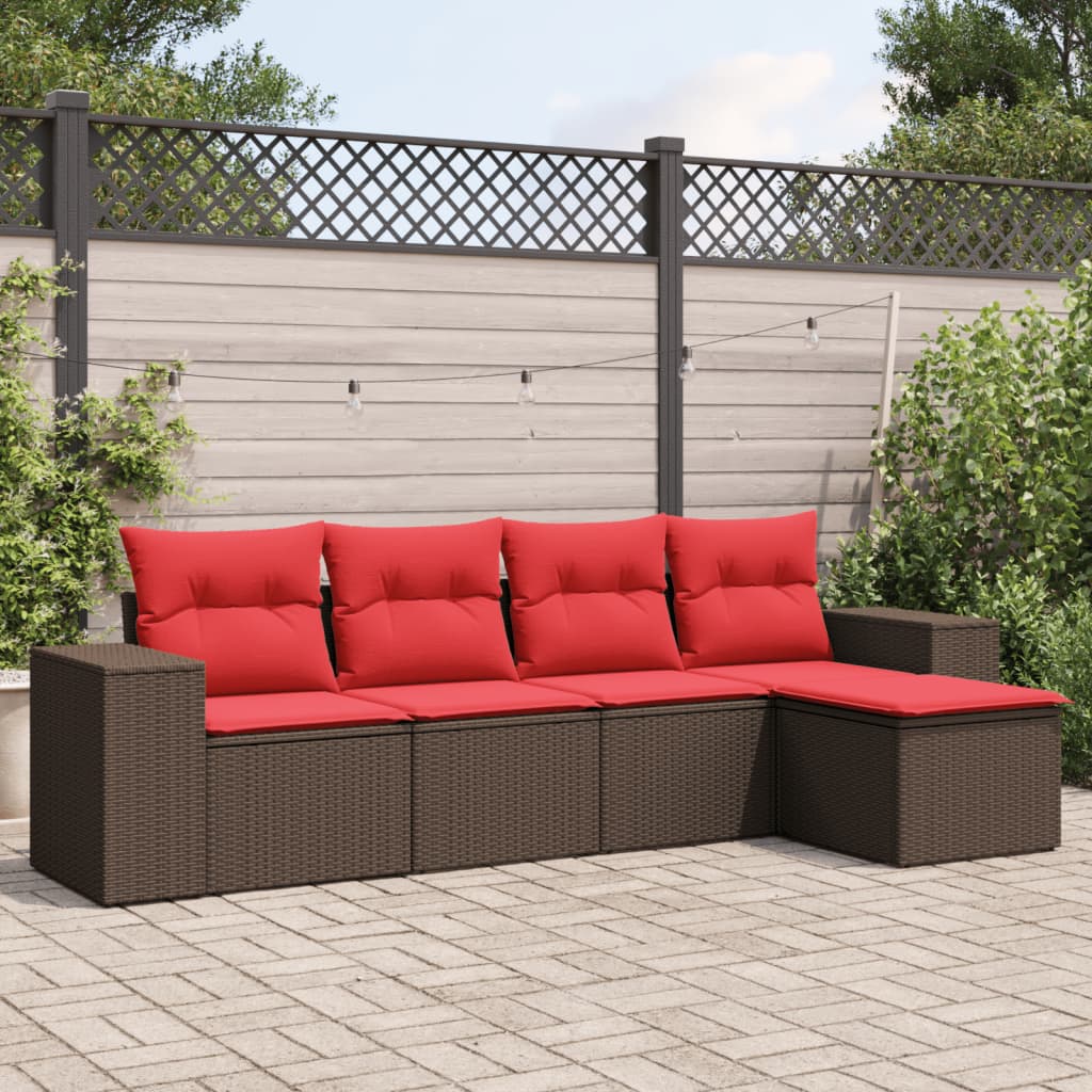 5-teiliges Gartensofa-Set mit Kissen, schwarzes Polyrattan