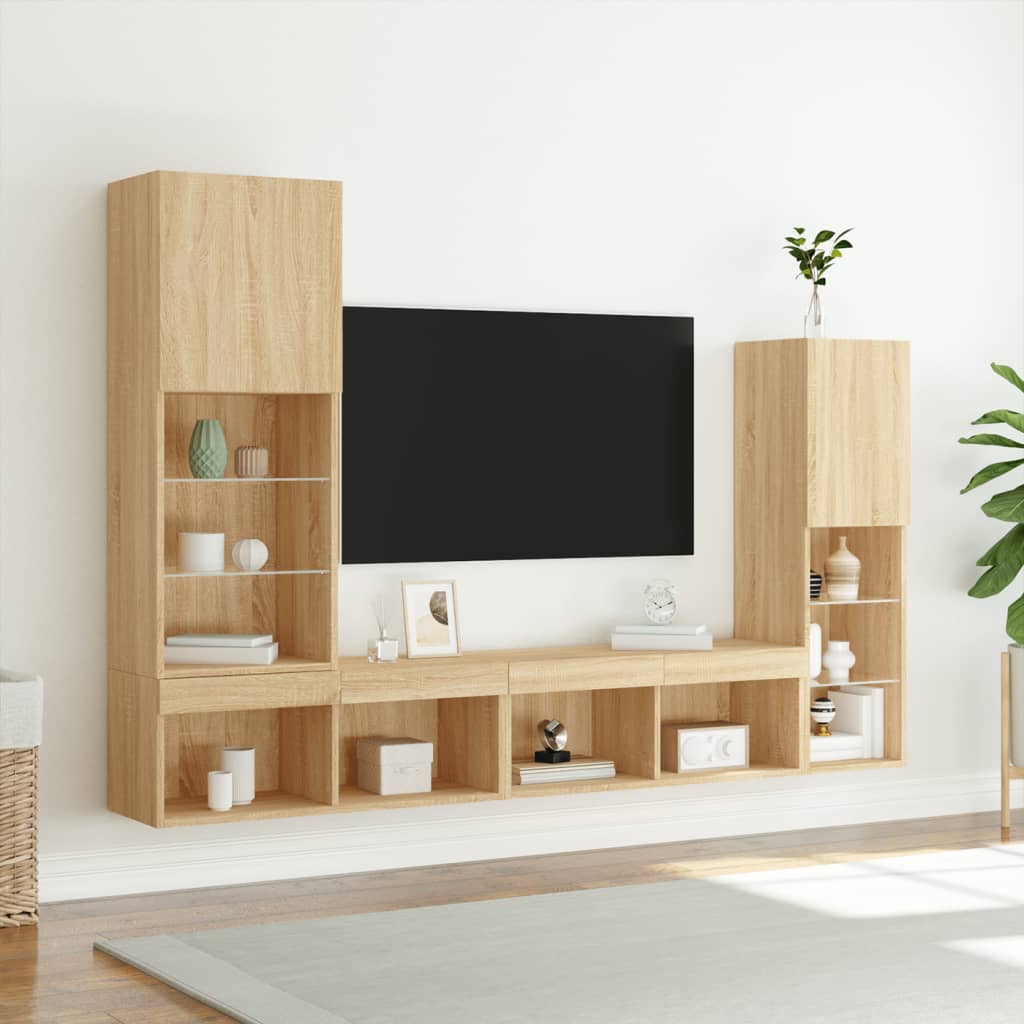 4-tlg. Wohnwand mit LED-Beleuchtung Weiß Holzwerkstoff