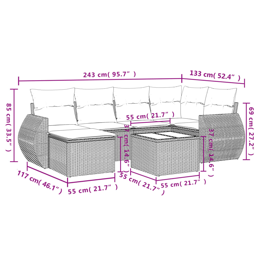 6-teiliges Gartensofa-Set mit Kissen, schwarzes Polyrattan