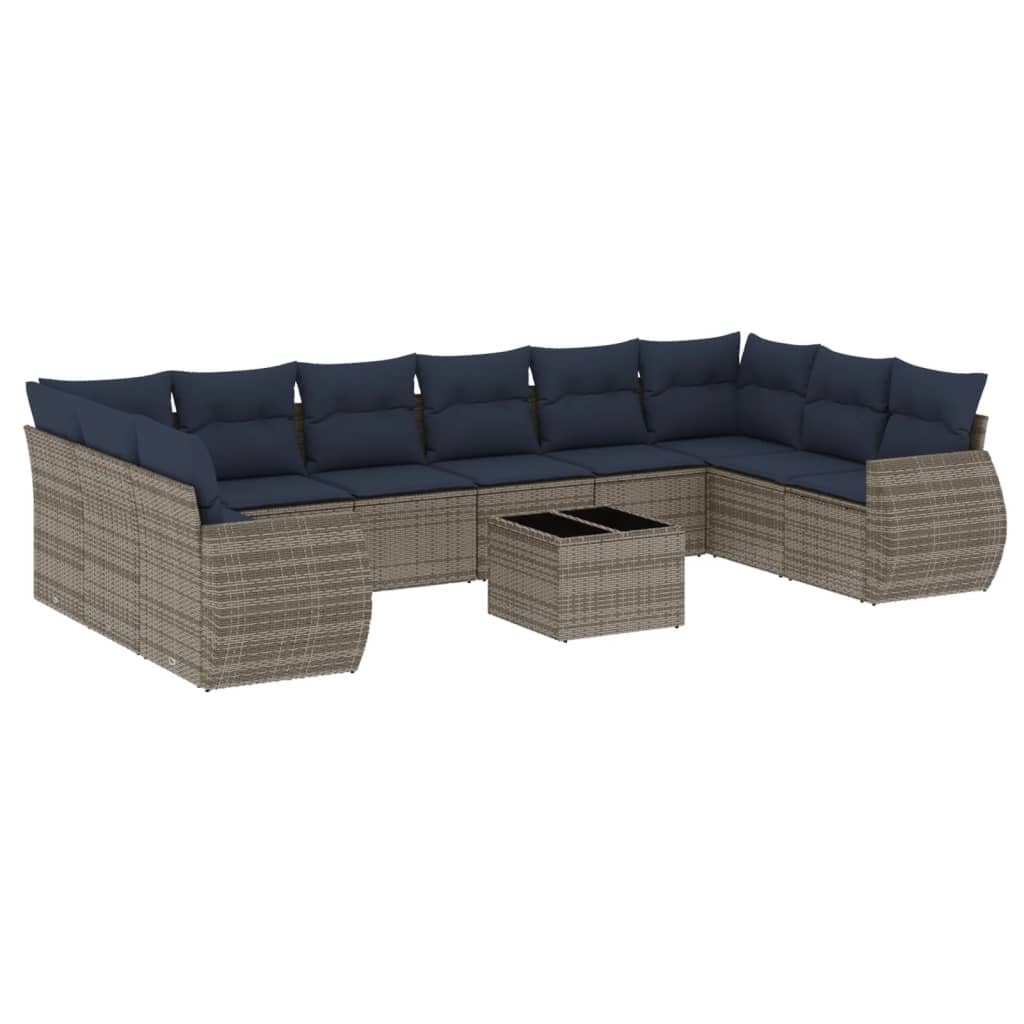 10-teiliges Gartensofa-Set mit Kissen, schwarzes Polyrattan