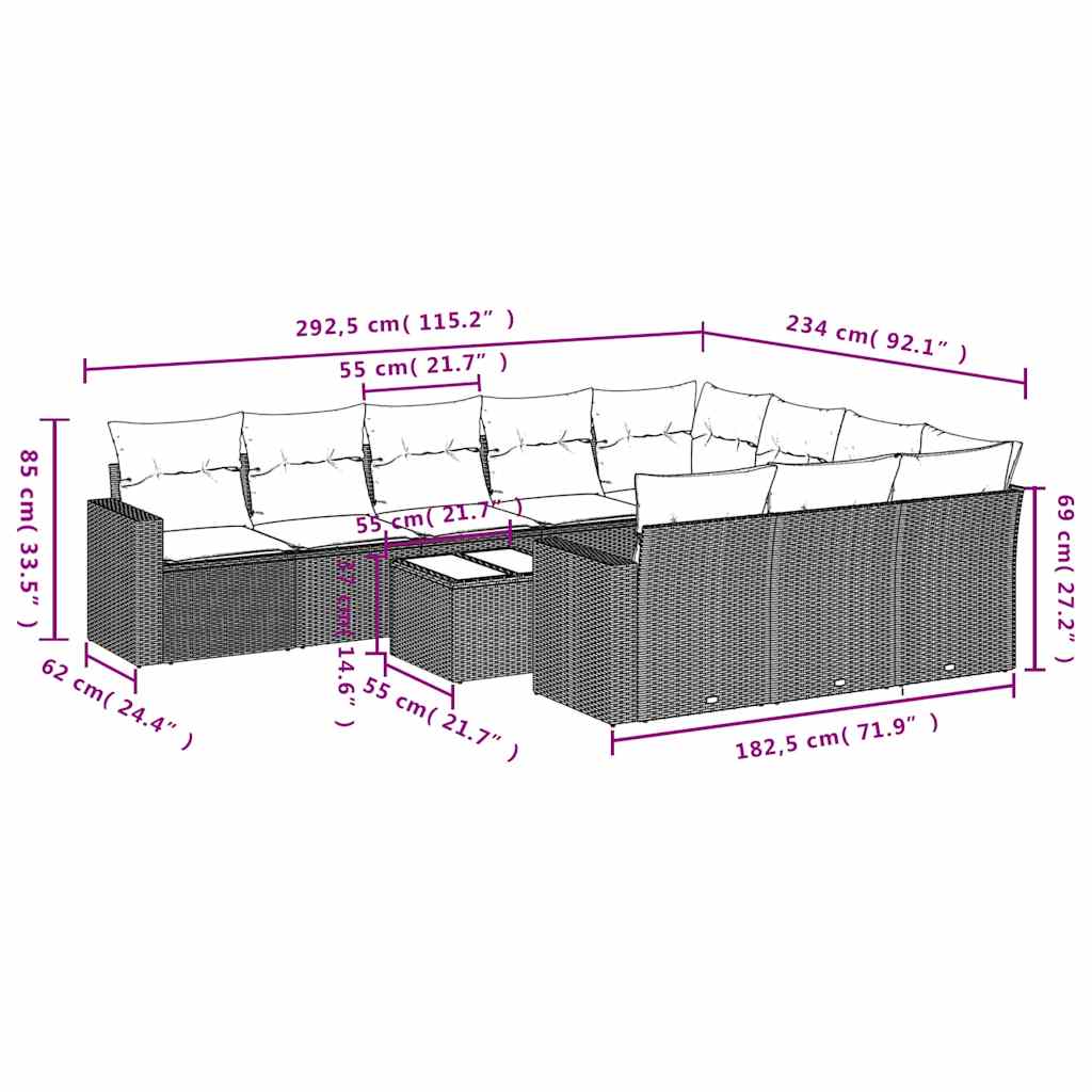 10-tlg. Garten-Sofagarnitur mit Kissen Schwarz Poly Rattan