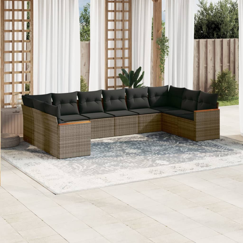 10-tlg. Garten-Sofagarnitur mit Kissen Schwarz Poly Rattan