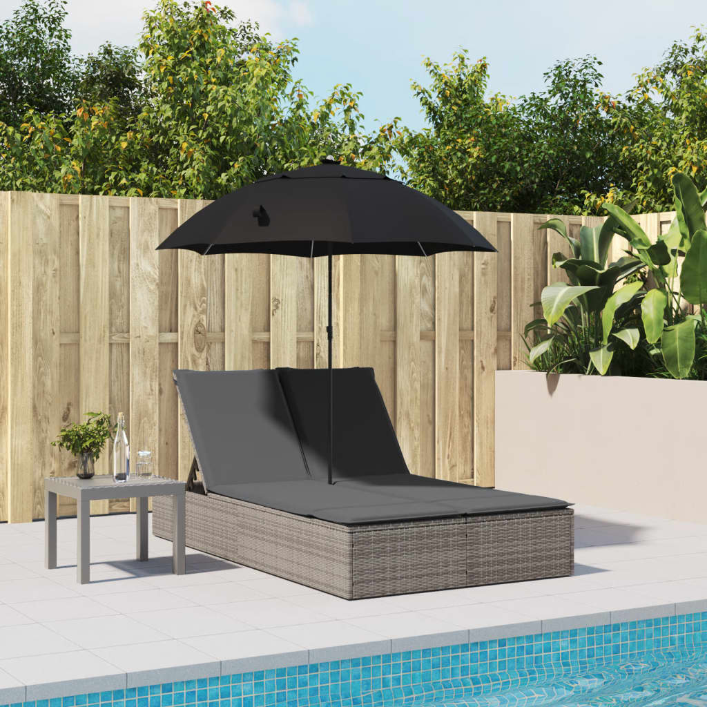 Doppel-Sonnenliege mit Kissen&Sonnenschirm Schwarz Poly Rattan