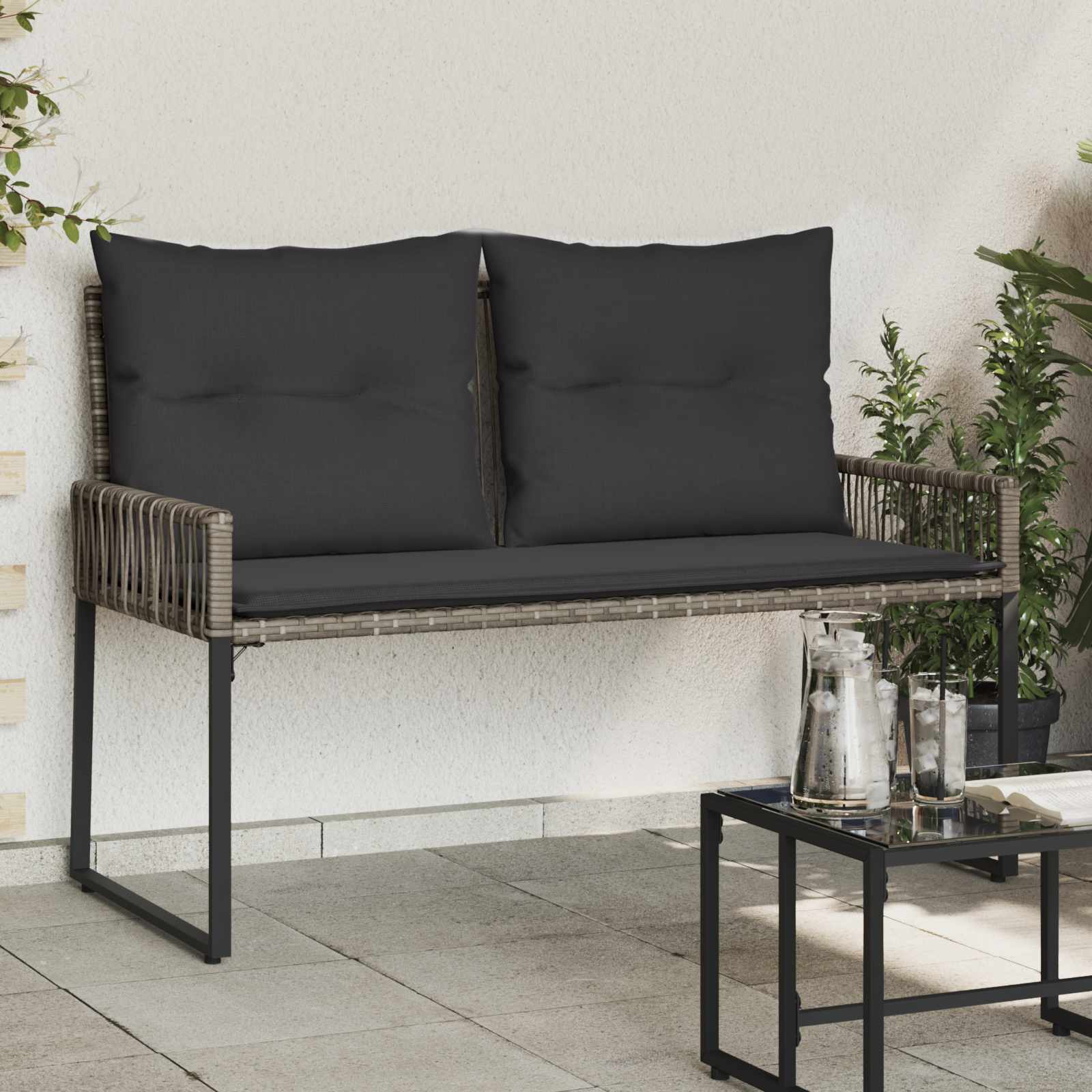 Bank Outdoor mit Kissen 4 pcs Schwarz und Cremeweiß Poly-Rattan