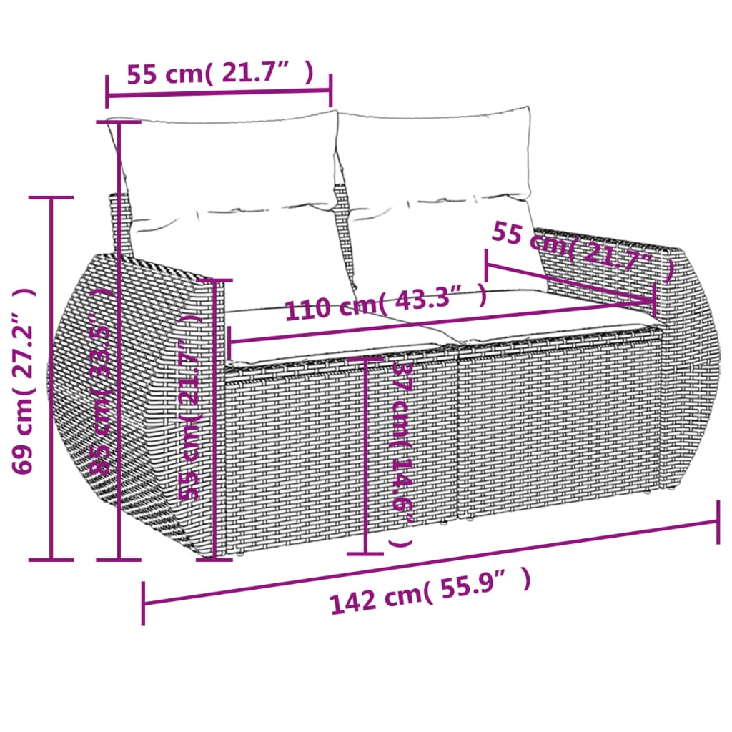 10-teiliges Gartensofa-Set mit Kissen, schwarzes Polyrattan