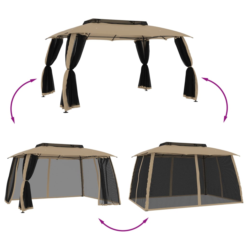 Pavillon mit Doppeldach & Netzwänden Creme 2,93x2,93 m Stahl