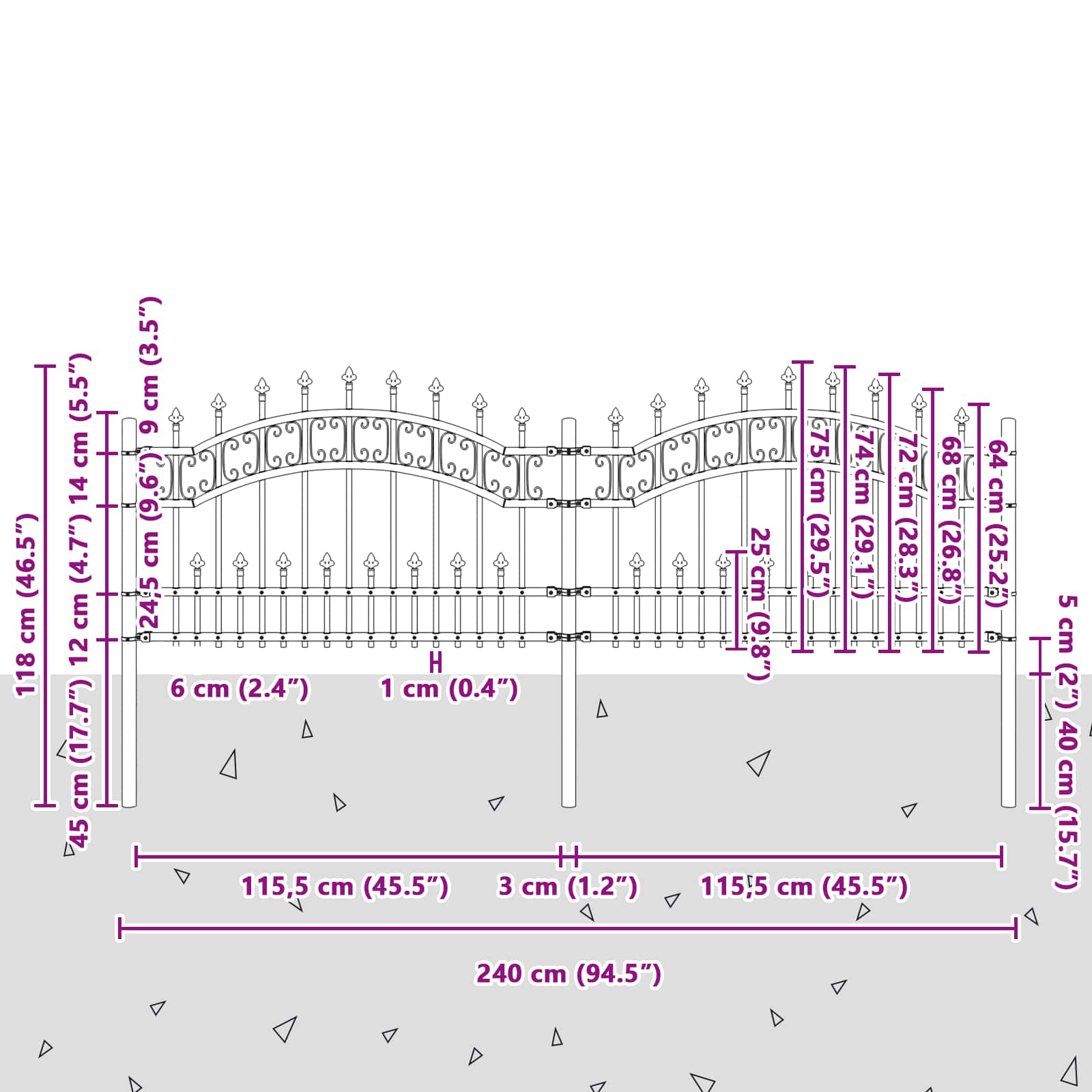 Gartenzaun KAMPEN mit Speerspitze Schwarz 240 x 75 cm Stahl