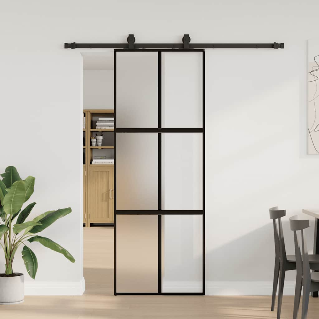 Schiebetür mit Beschlag Schwarz 76x205 cm Hartglas