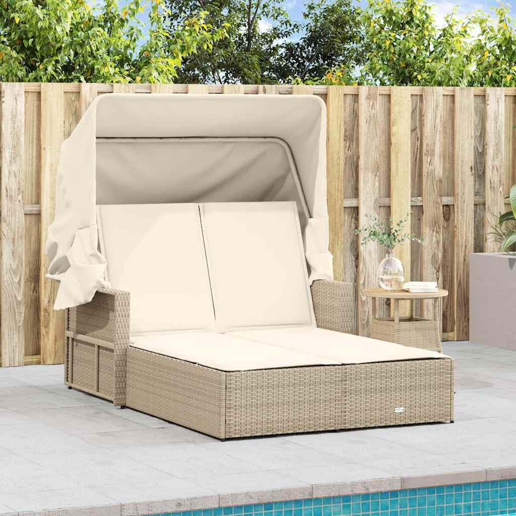 Doppel-Sonnenliege mit Dach und Auflagen Schwarz Poly Rattan