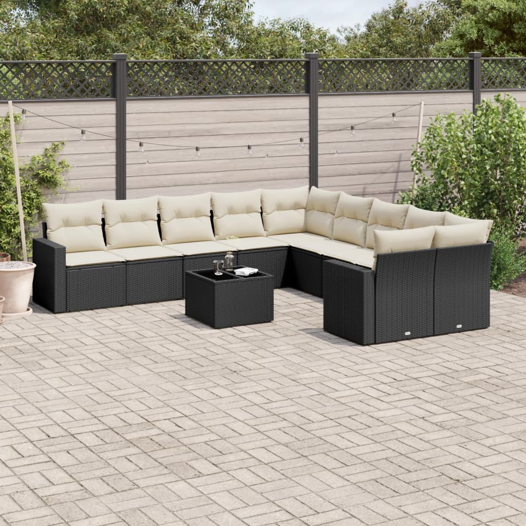 10-tlg. Garten-Sofagarnitur mit Kissen Schwarz Poly Rattan
