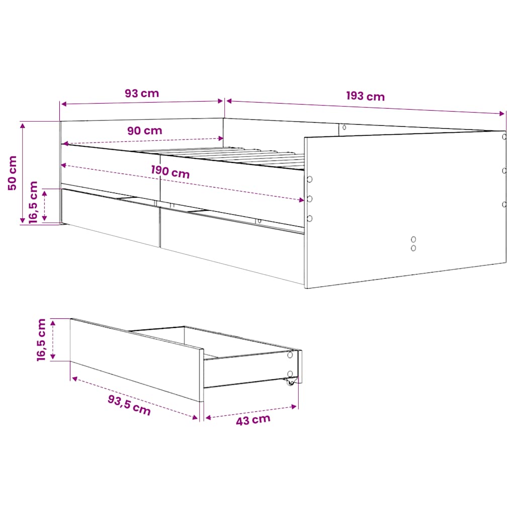 Bett mit Schubladen Braun Eiche-Optik 75x190 cm