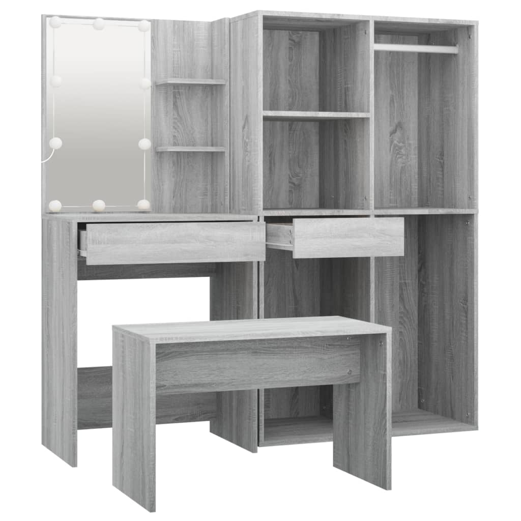 Schminktisch-Set mit LED Weiß Holzwerkstoff