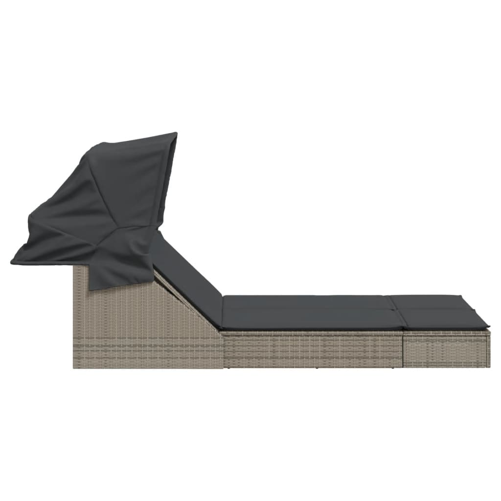 Doppel-Sonnenliege mit Dach und Auflagen Braun Poly Rattan