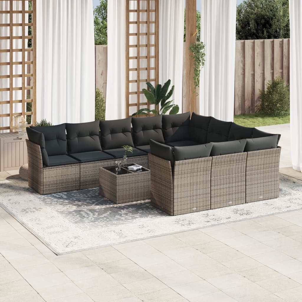 10-tlg. Garten-Sofagarnitur mit Kissen Schwarz Poly Rattan