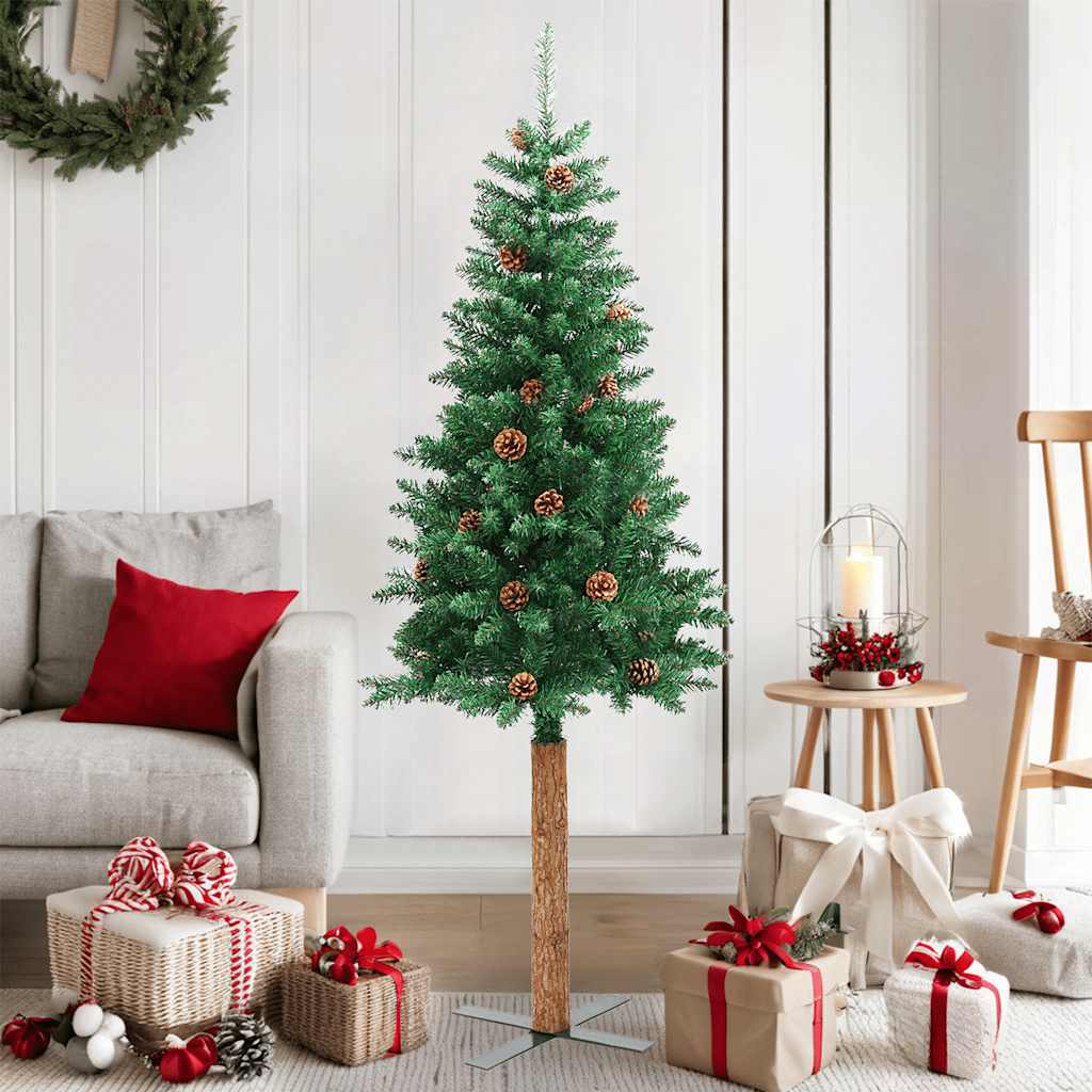 Weihnachtsbaum Schlank mit Echtholz und Zapfen Grün 150 cm PVC