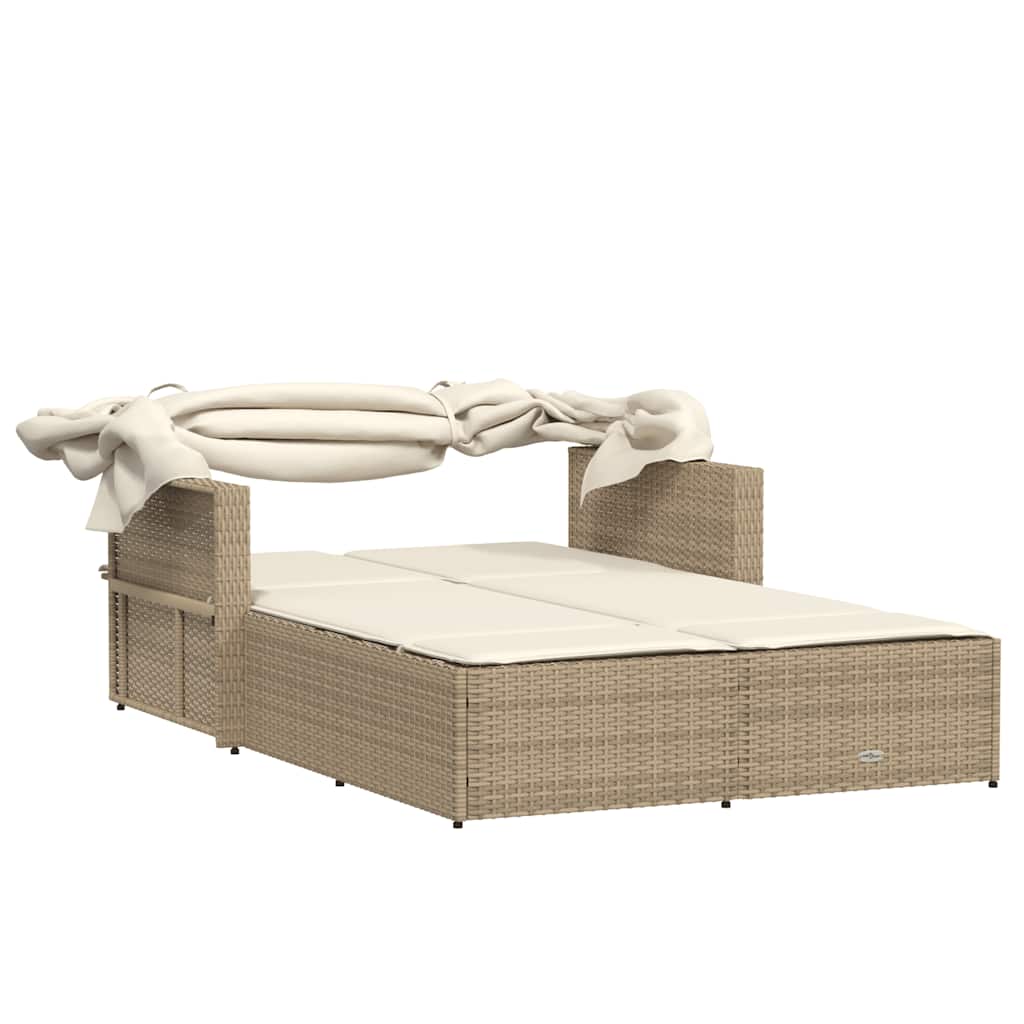 Doppel-Sonnenliege mit Dach und Auflagen Schwarz Poly Rattan