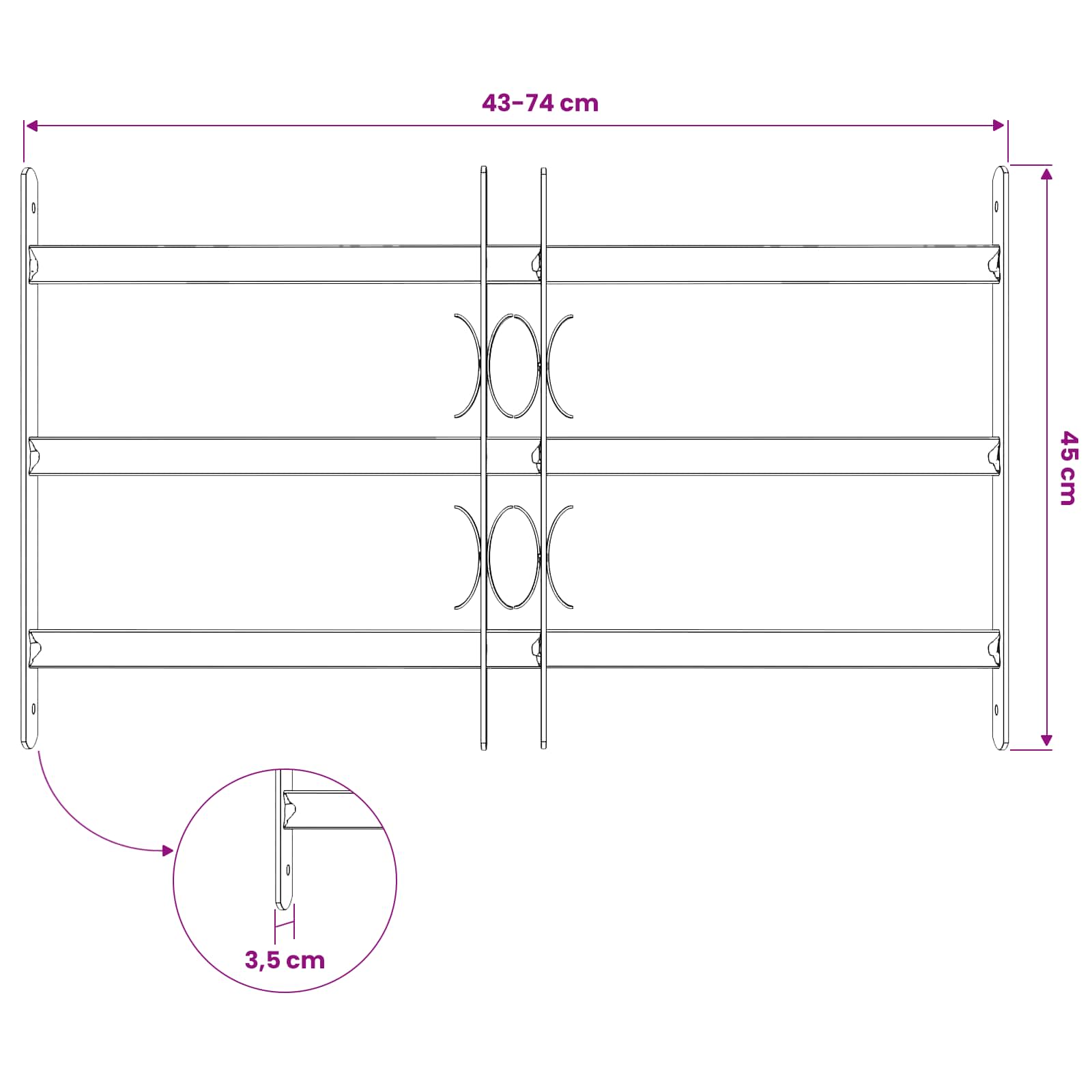 Sicherheitsgitter für Fenster mit 2 Querstangen 43-74 cm