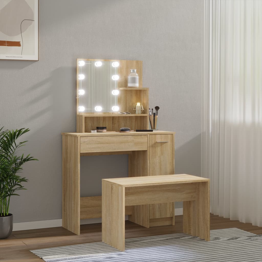 Schminktisch-Set mit LED Weiß Holzwerkstoff