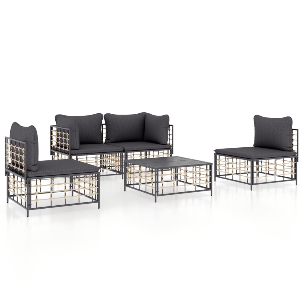 6-tlg. Garten-Lounge-Set mit Kissen Anthrazit Poly Rattan