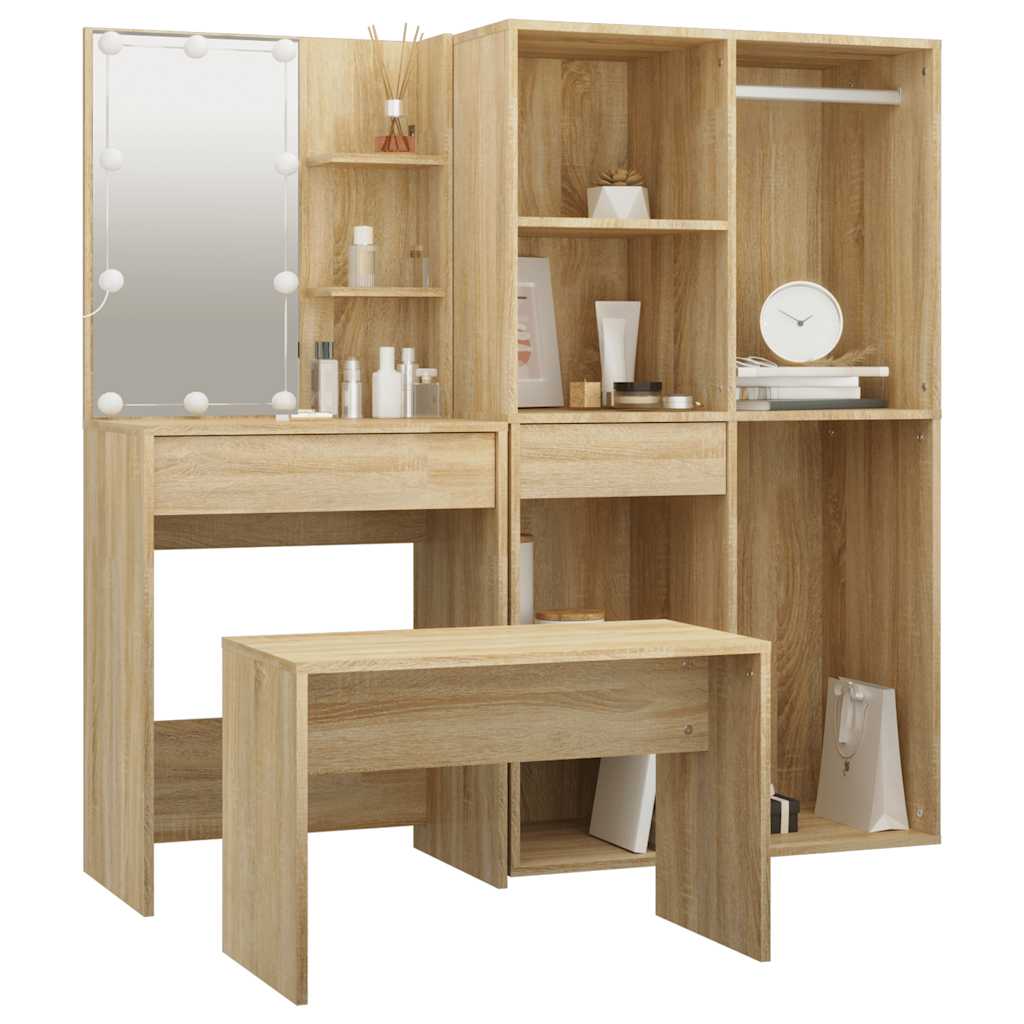 Schminktisch-Set mit LED Weiß Holzwerkstoff