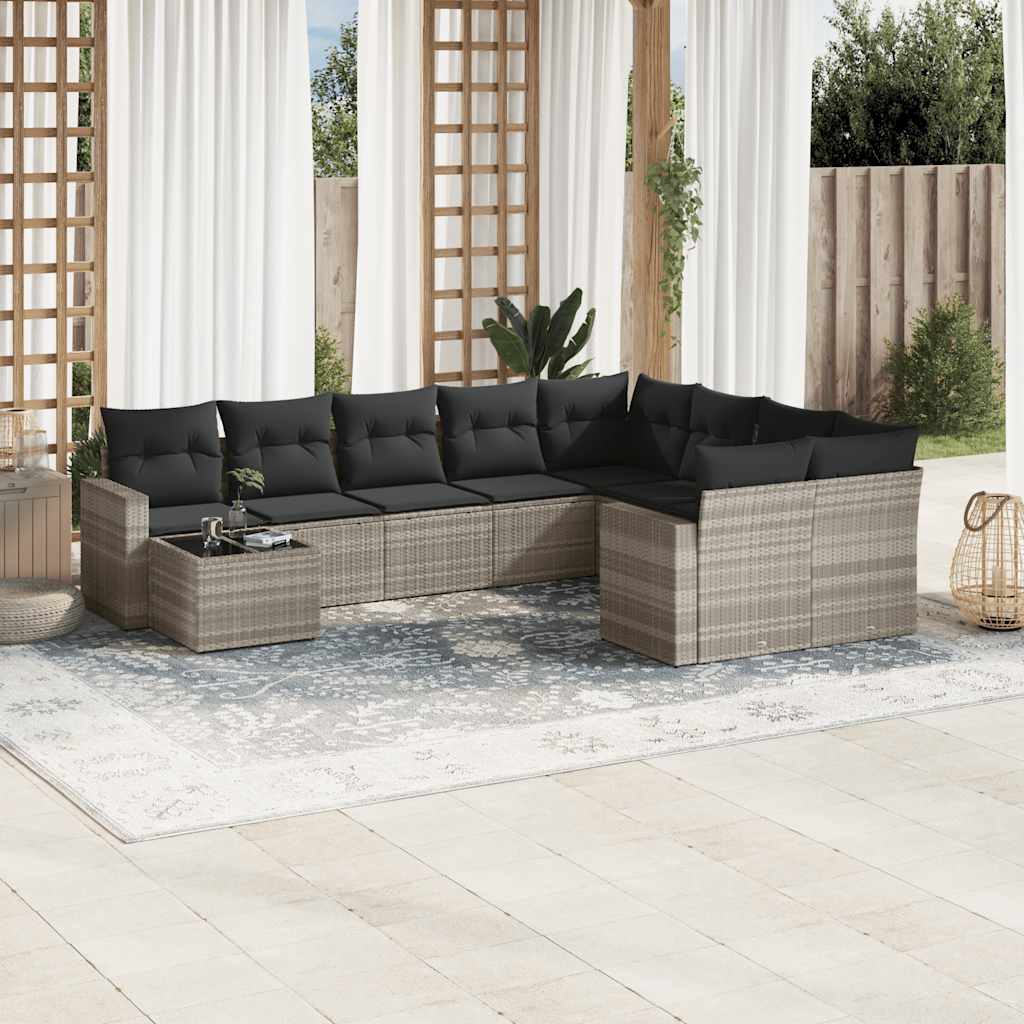 10-tlg. Garten-Sofagarnitur mit Kissen Schwarz Poly Rattan