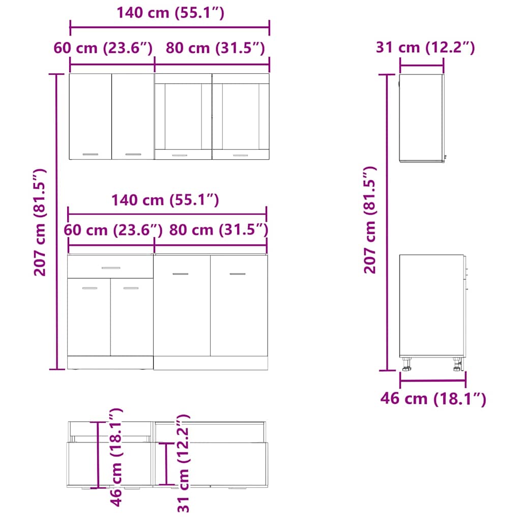 4-tlg. Küchenzeile Lyon Weiß Holzwerkstoff