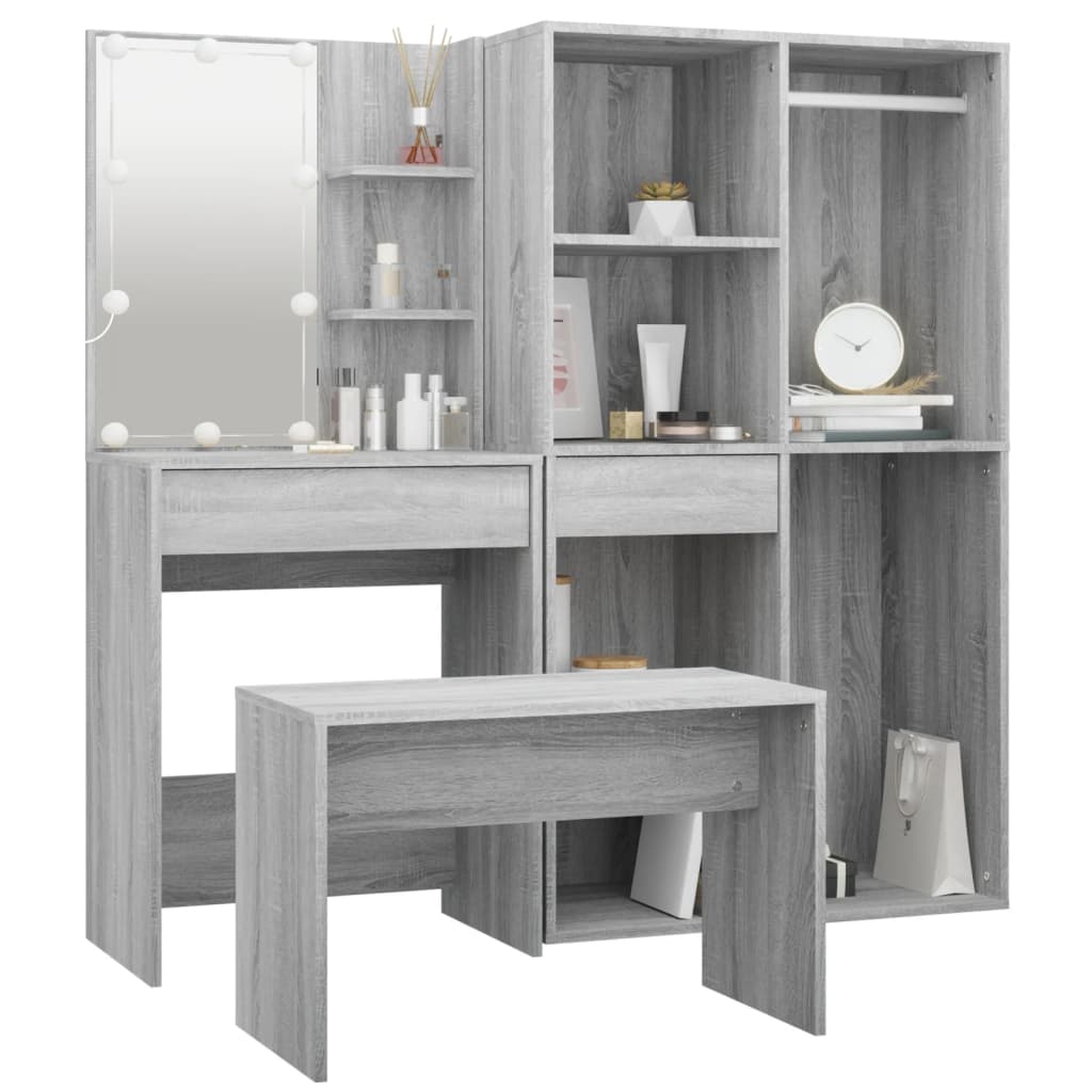 Schminktisch-Set mit LED Weiß Holzwerkstoff