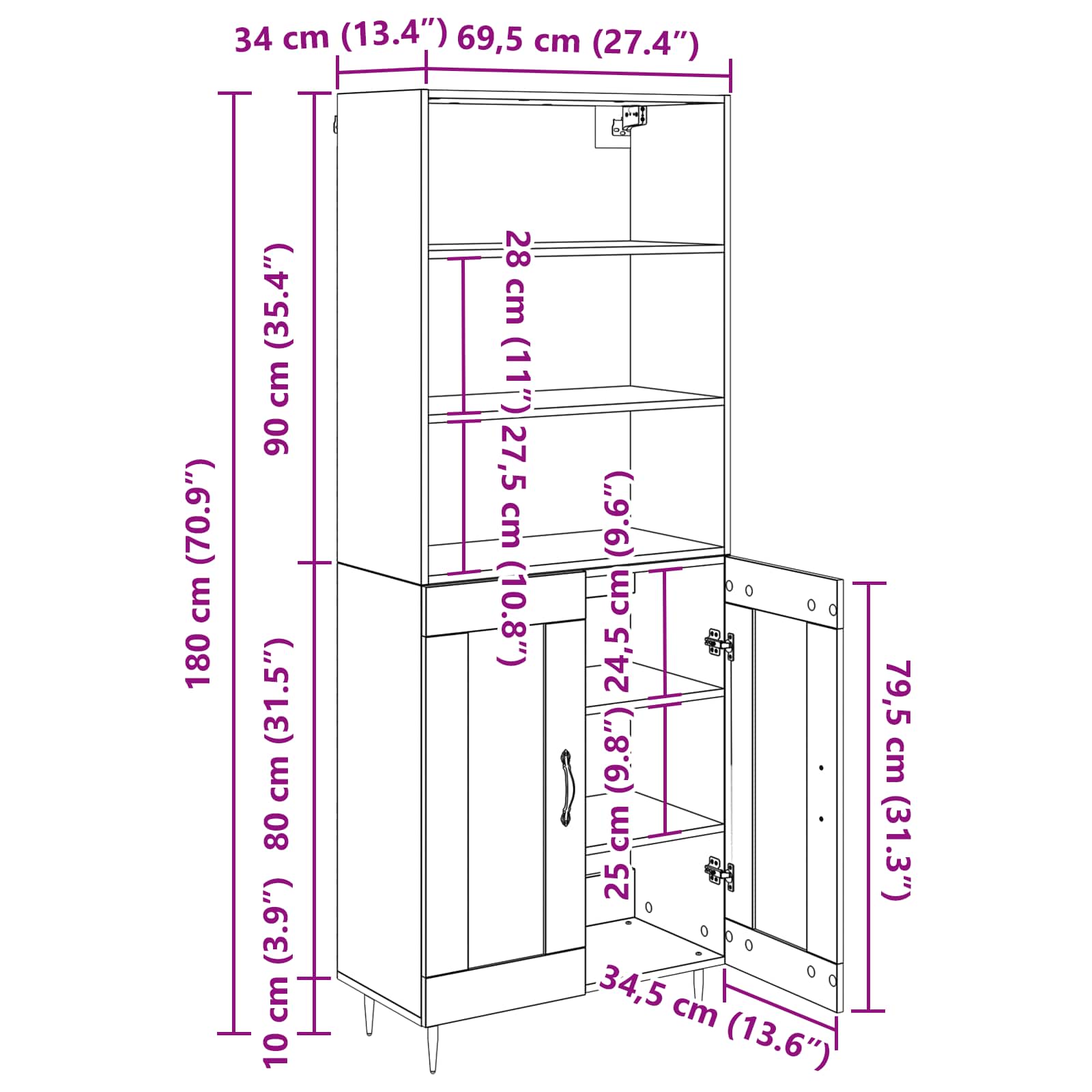 Highboard Betongrau 69,5x34x180 cm Holzwerkstoff