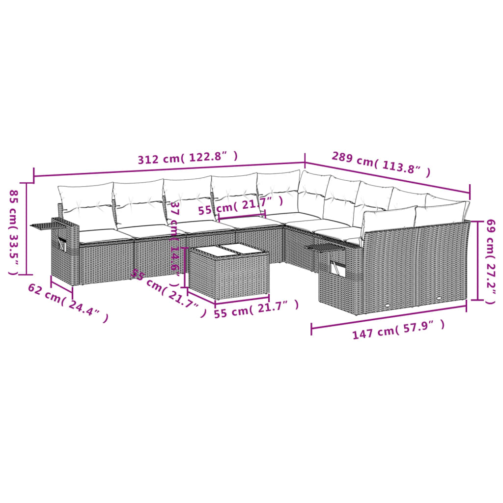 10-tlg. Garten-Sofagarnitur mit Kissen Schwarz Poly Rattan