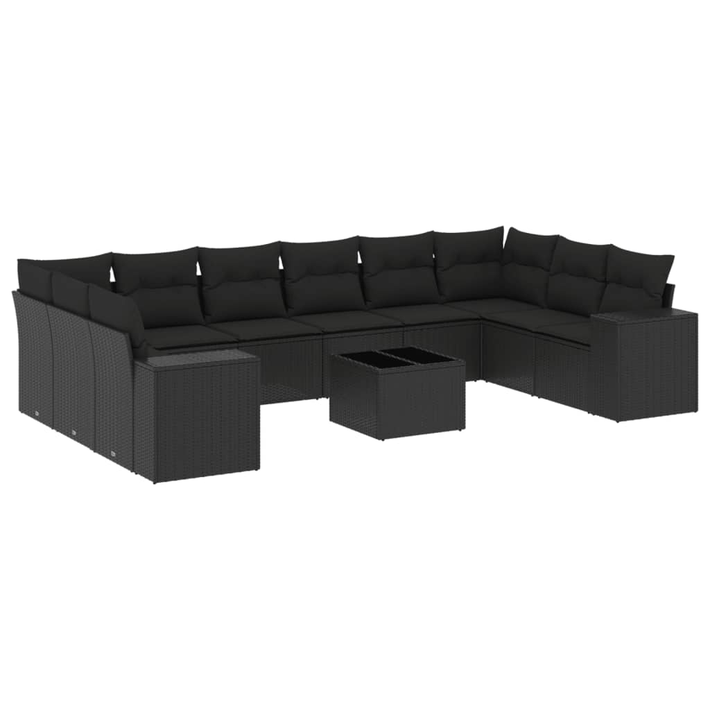 10-tlg. Garten-Sofagarnitur mit Kissen Schwarz Poly Rattan