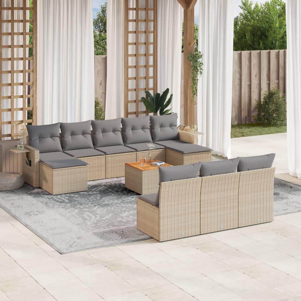 11-tlg. Garten-Sofagarnitur mit Kissen Schwarz Poly Rattan