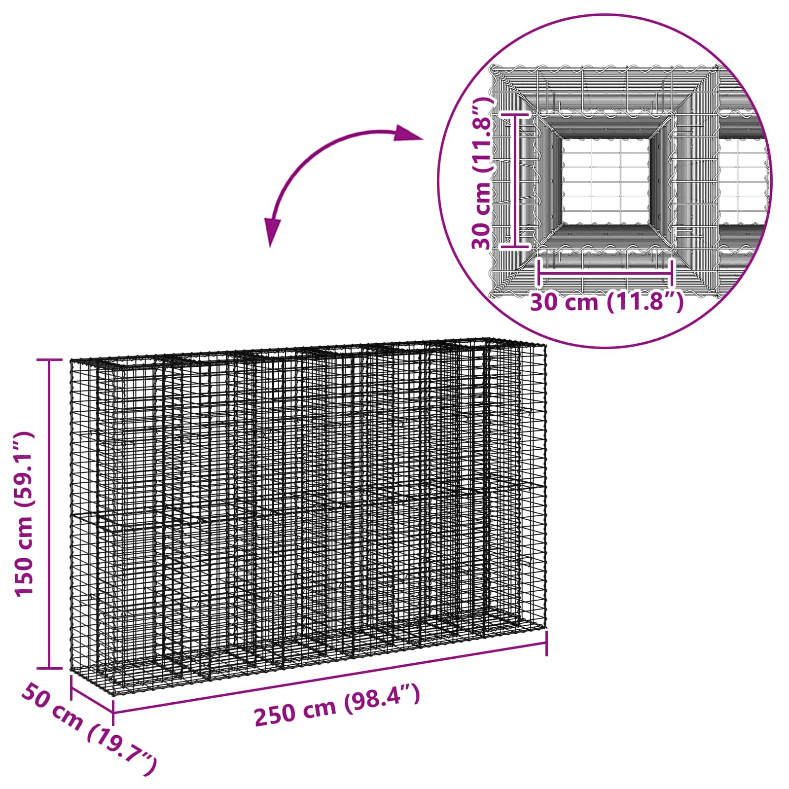 Gabionen Hochbeet 2 pcs Silber 260 x 60 x 55 cm