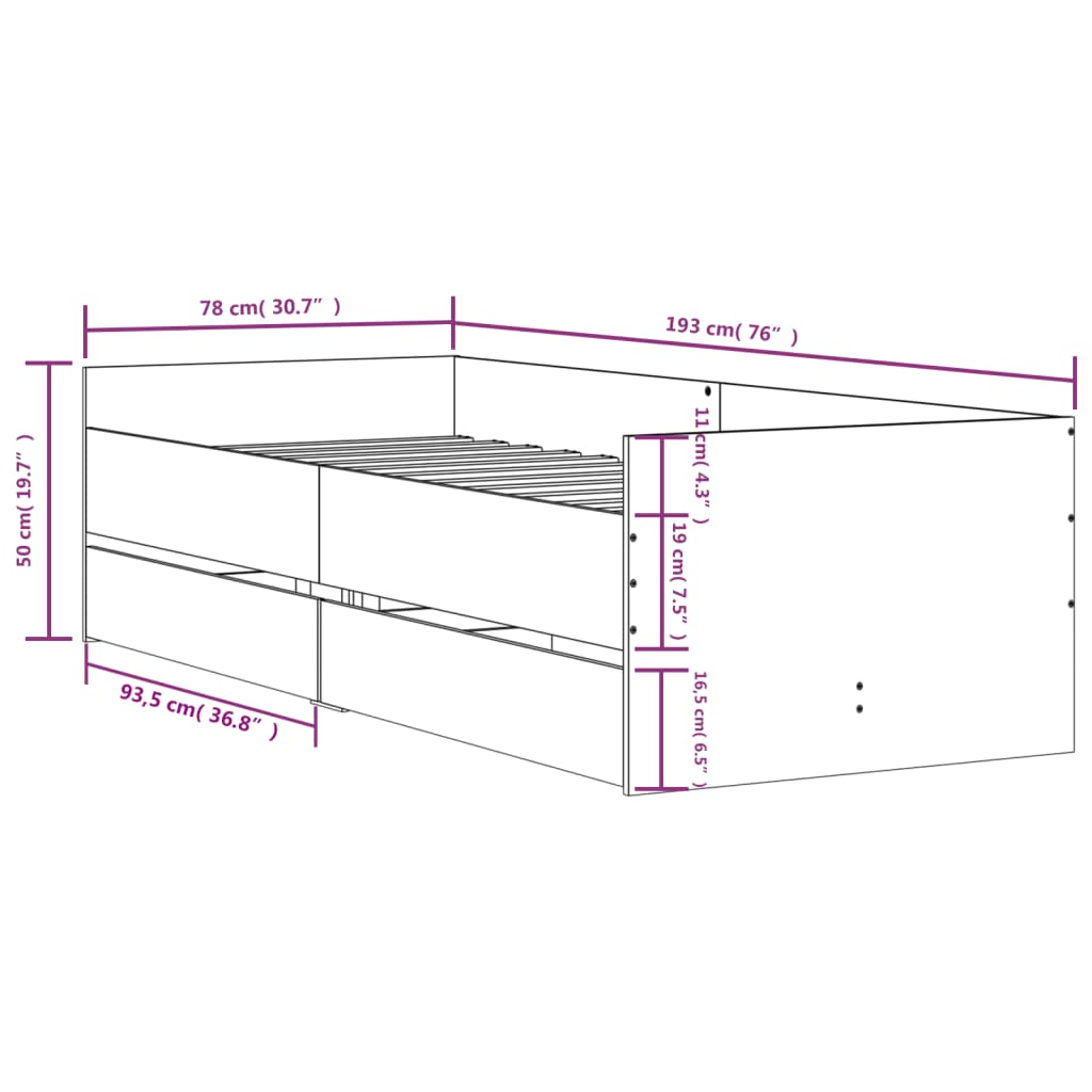 Bett mit Schubladen Braun Eiche-Optik 75x190 cm