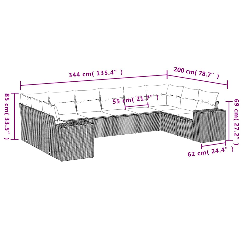 10-tlg. Garten-Sofagarnitur mit Kissen Schwarz Poly Rattan