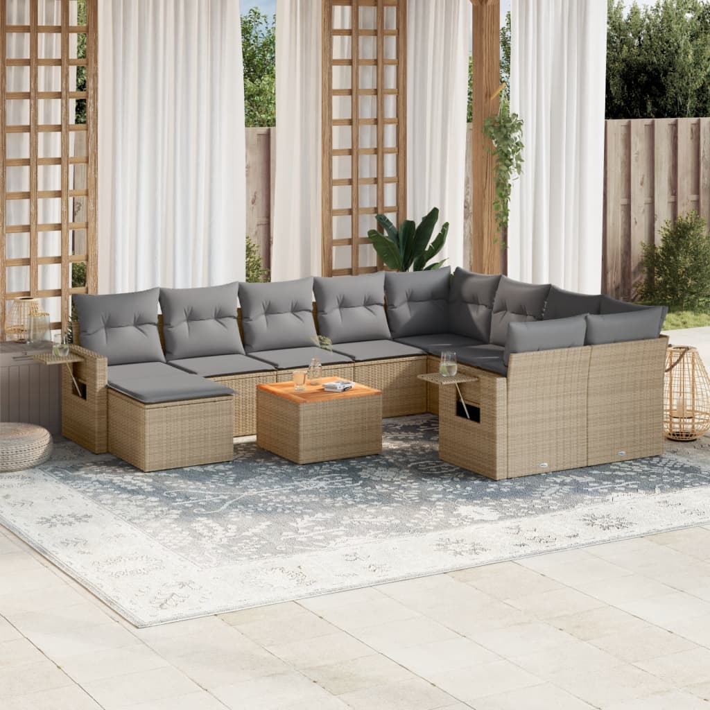 11-tlg. Garten-Sofagarnitur mit Kissen Schwarz Poly Rattan