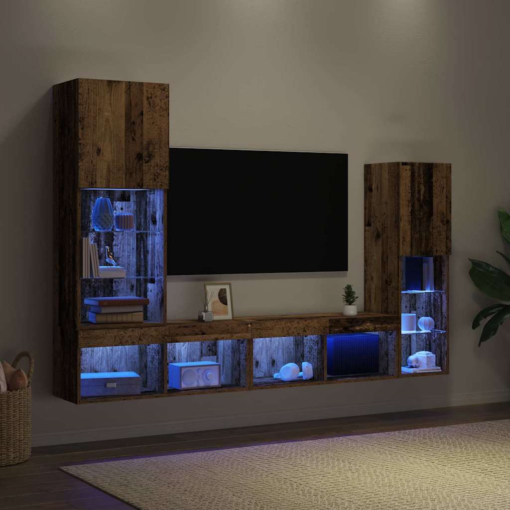 4-tlg. Wohnwand mit LED-Beleuchtung Weiß Holzwerkstoff