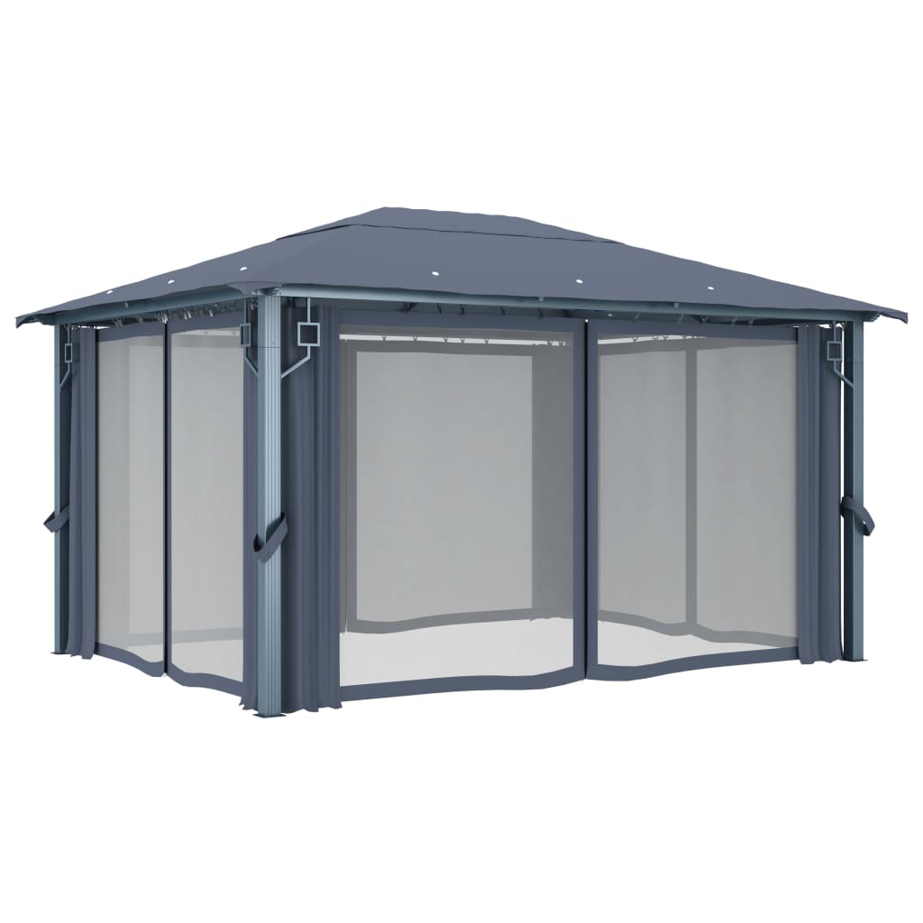 Pavillon mit Vorhängen & LED-Lichterkette 300x300 cm Creme Alu