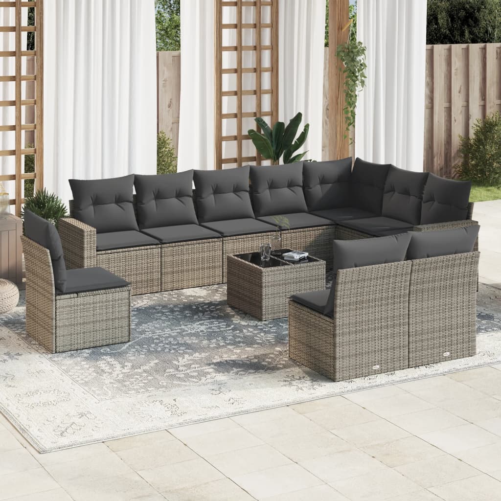 10-tlg. Garten-Sofagarnitur mit Kissen Schwarz Poly Rattan