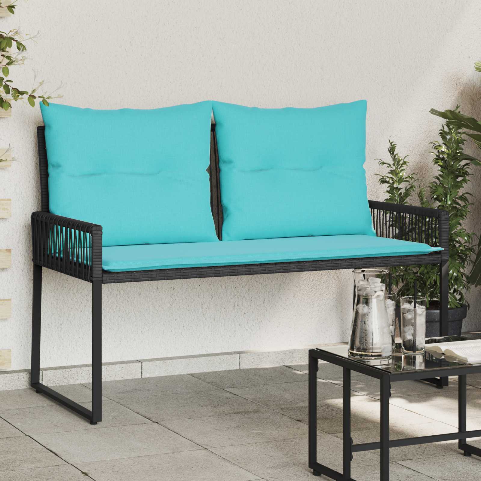 Bank Outdoor mit Kissen 4 pcs Schwarz und Cremeweiß Poly-Rattan