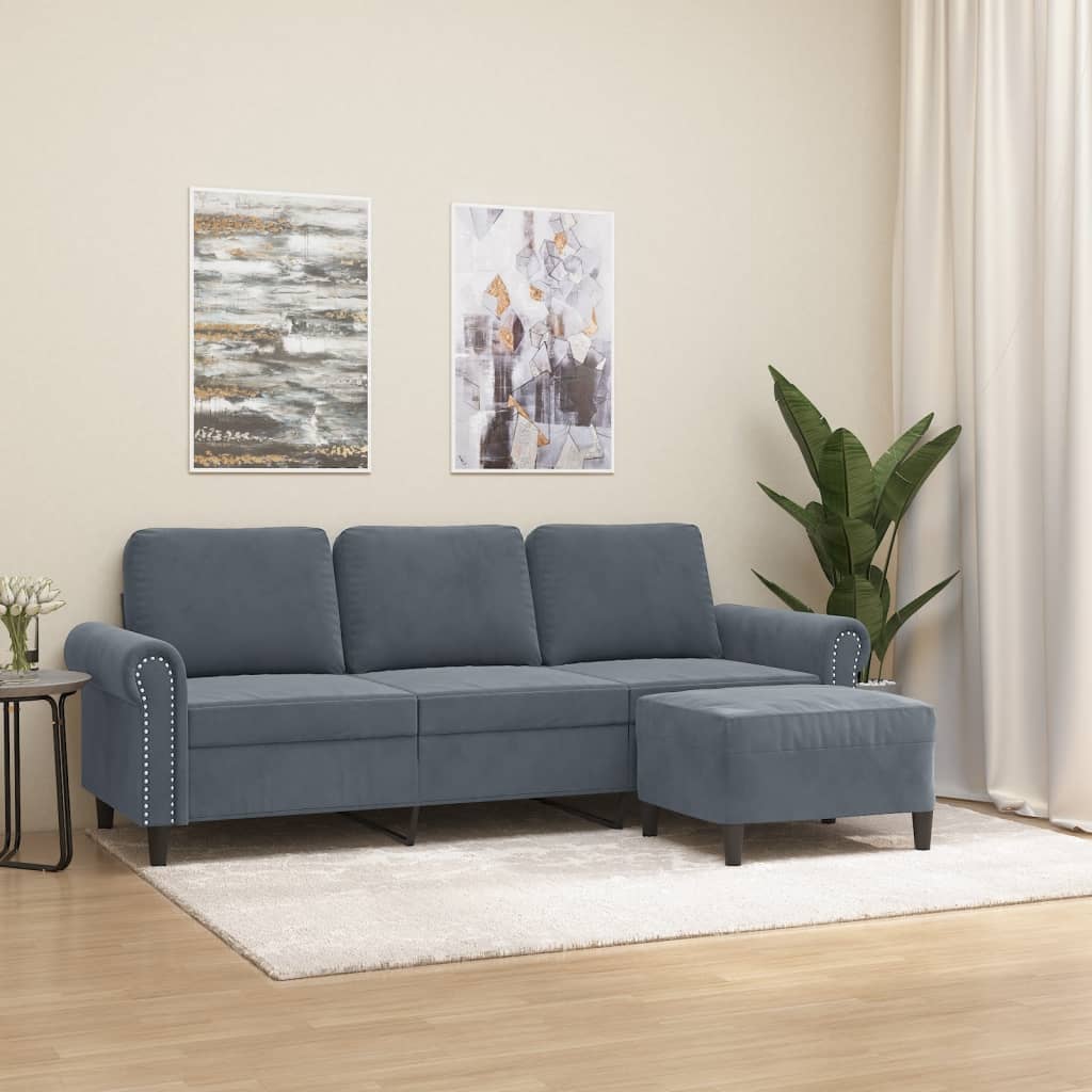 3-Sitzer-Sofa mit Hocker Hellgrau 180 cm Samt