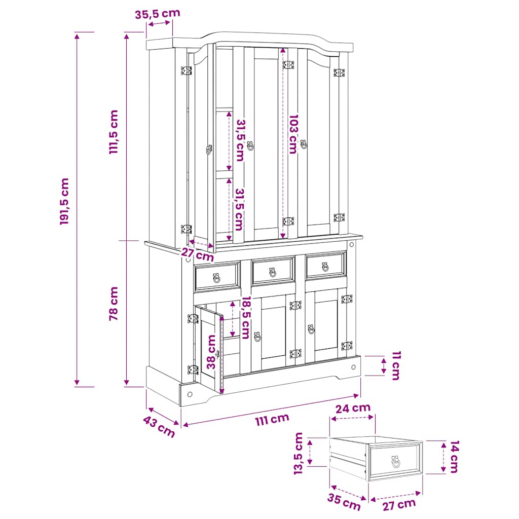 Highboard Corona 112x43x196 cm Massivholz Mexikanische Kiefer