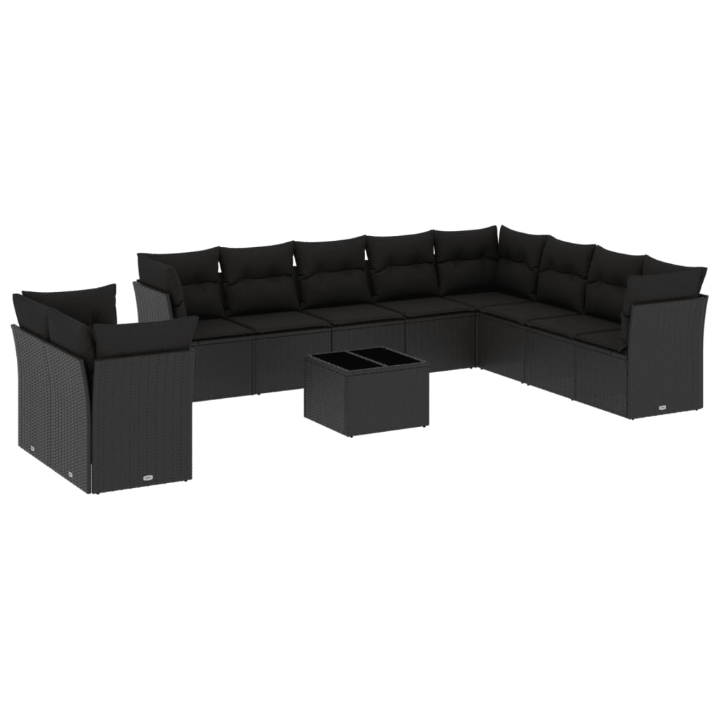 10-tlg. Garten-Sofagarnitur mit Kissen Schwarz Poly Rattan