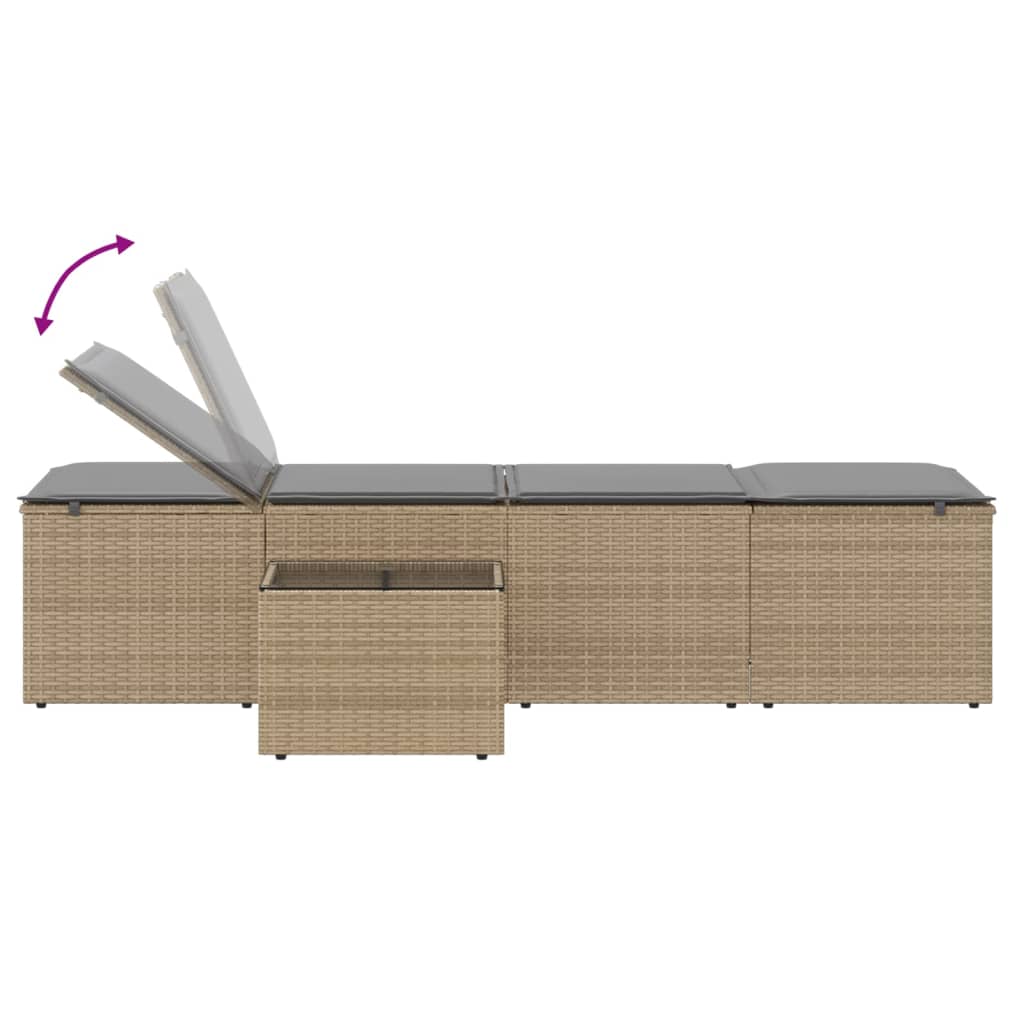Modulare Sonnenliegen 2 Stk. mit Tisch Schwarz Poly Rattan