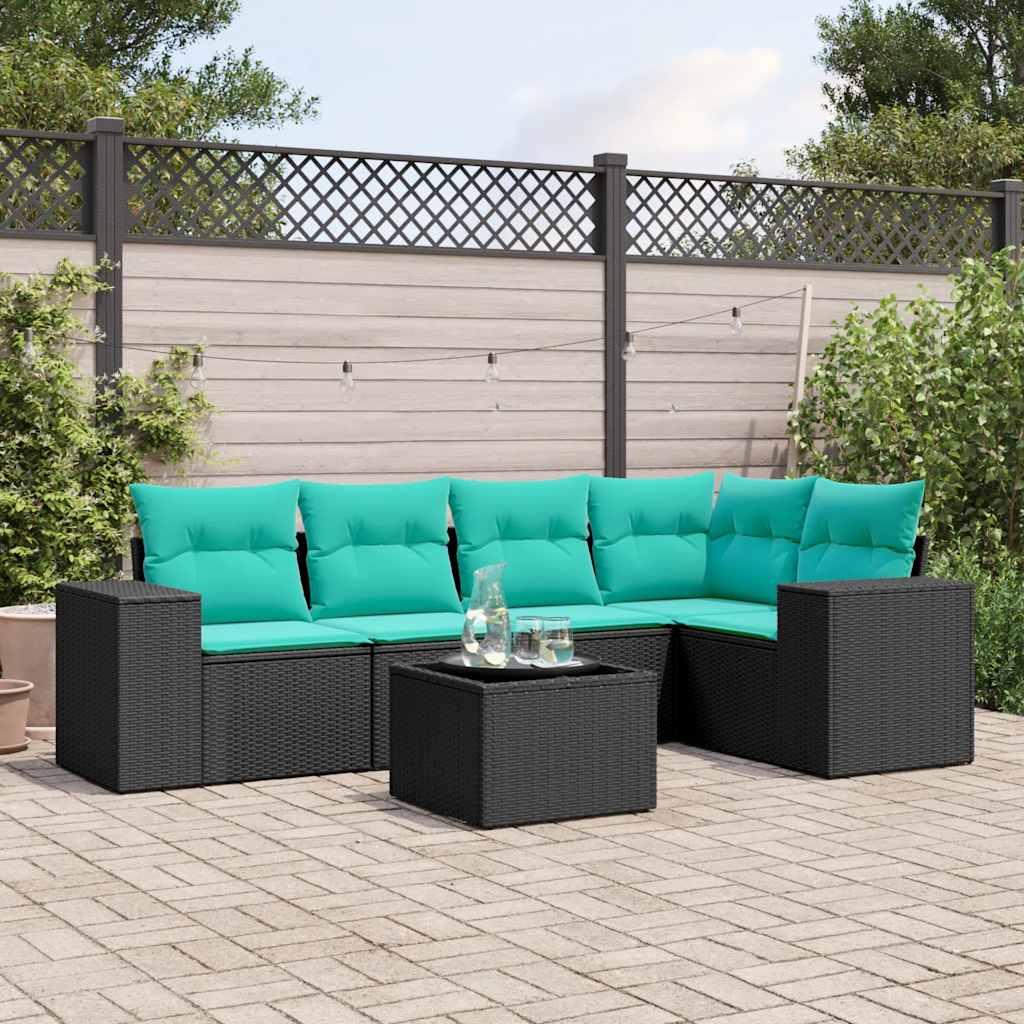 5-teiliges Gartensofa-Set mit Kissen, schwarzes Polyrattan